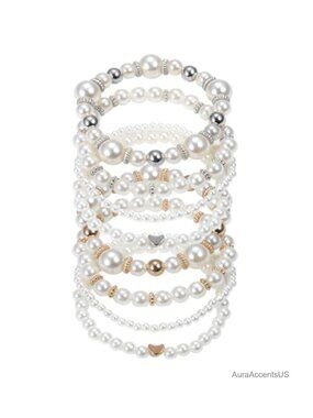 8 Pack Pearl Stretch Bracelets for Women Stackable Simulated Pearl Bangle Set